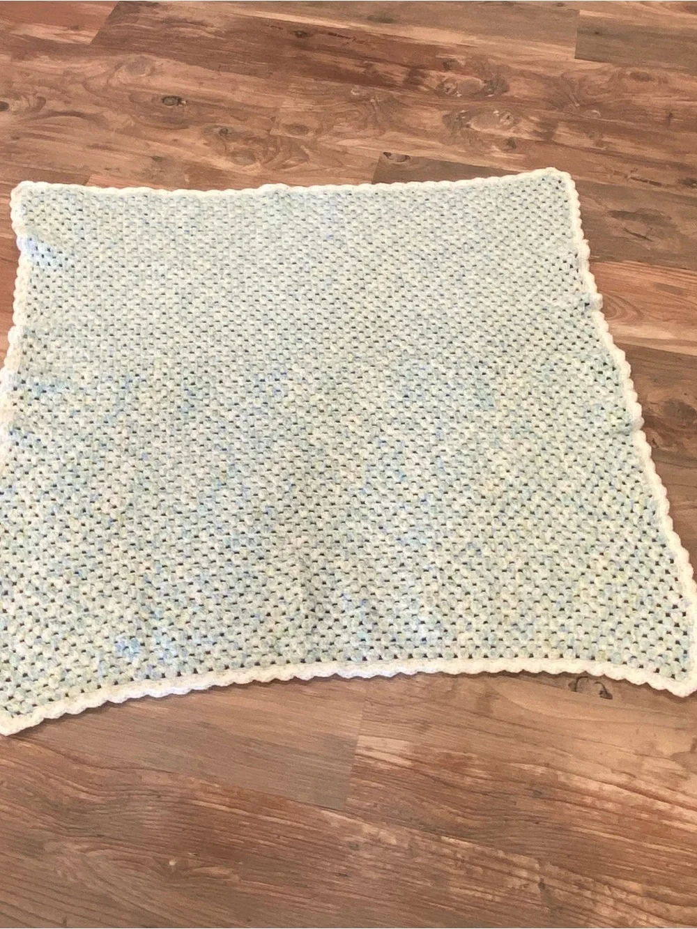 Handmade Chunky Crochet Blanket in Pastel Blue, Green & White baby blanket